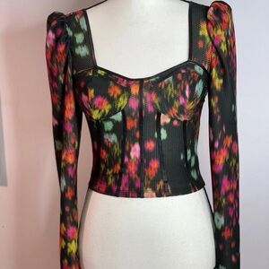 GUESS Bustier Top, Long Puff Sleeve Multicolor Rachel, Size Small, Multicolor